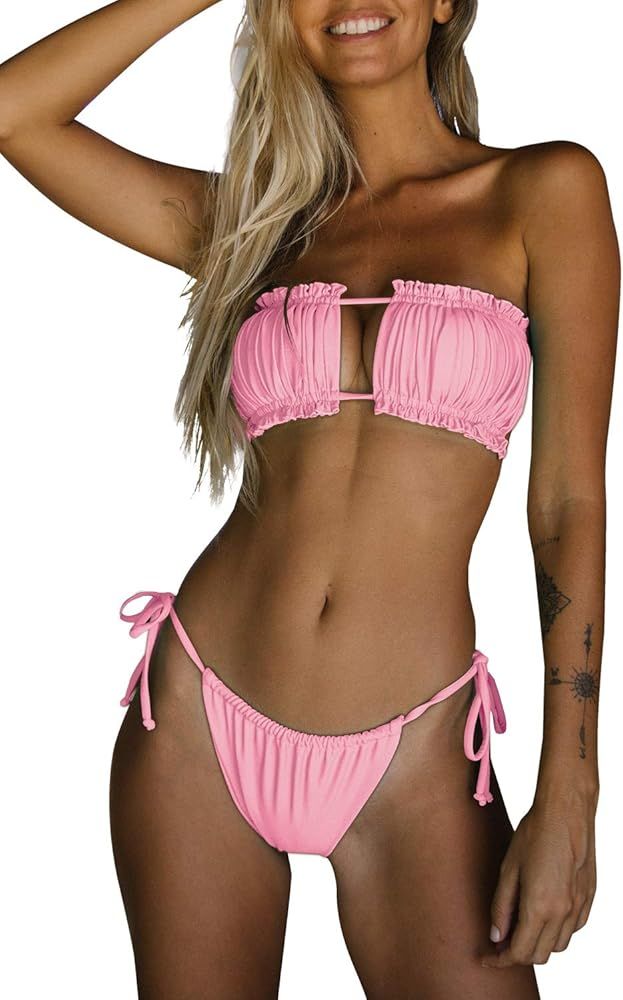 Byoauo Women Bandeau Bikini Top with Tie Side Thong Bottom Bathing Suit | Amazon (US)