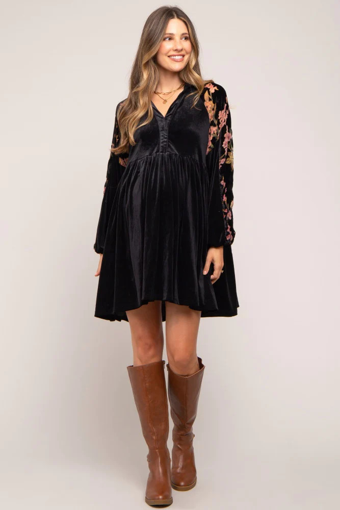 Black Velvet Floral Long Sleeve Maternity Dress | PinkBlush Maternity