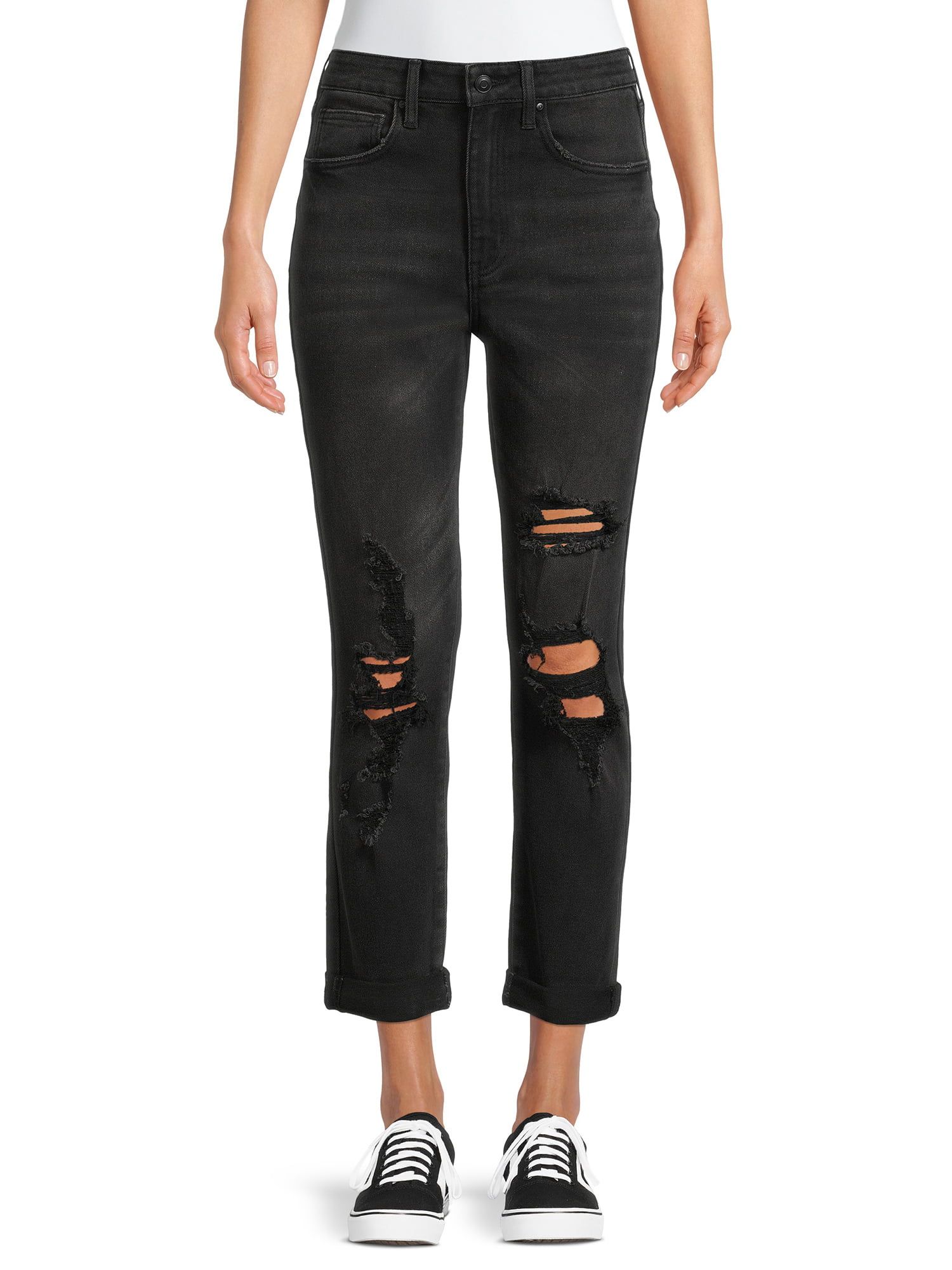 No Boundaries Juniors’ High Rise Destructed Girlfriend Jeans - Walmart.com | Walmart (US)