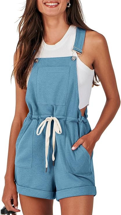 ANRABESS Women's Casual Straps Short Bib Overalls Basic Sleeveless Drawstring Romper Jumpsuits | Amazon (US)