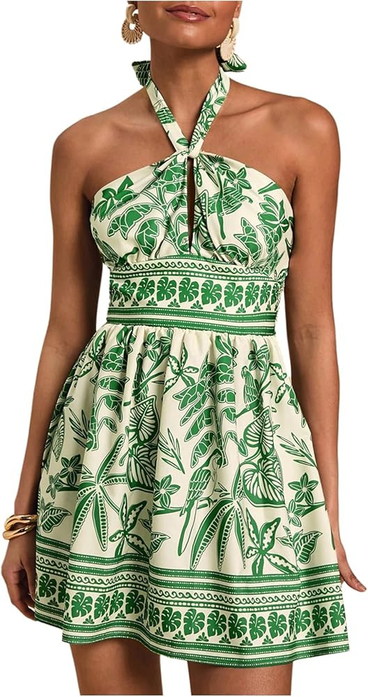 SOLY HUX Tropical Vacation Dress for Women Halter Tie Backless Sundress Sleeveless A Line Short S... | Amazon (US)