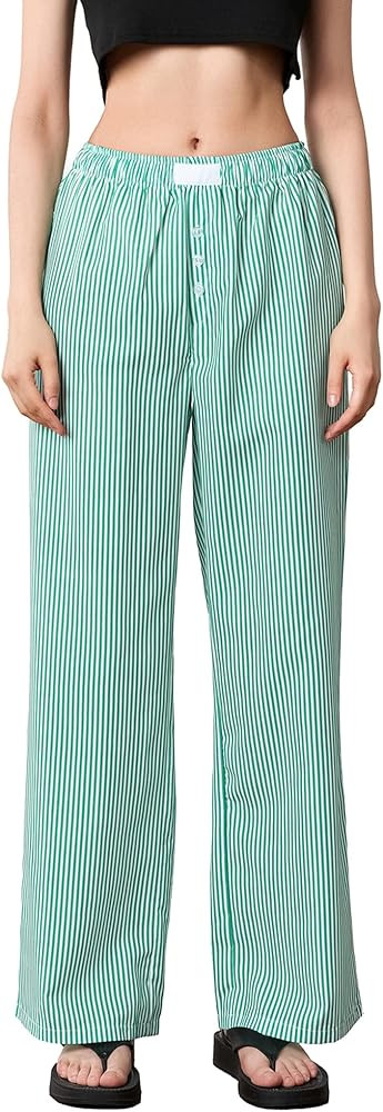 Women's Y2K Pajama Pants Drawstring Elastic Waist Plaid Pants Soft Striped Wide Leg Lounge Pants | Amazon (US)