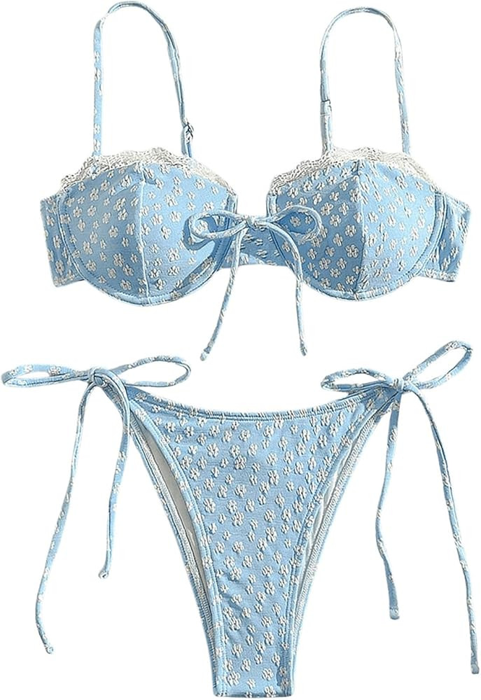 OYOANGLE Women's 2 Piece Floral Bikini Set Lace Trim Spaghetti Strap Underwire Padding Bathing Su... | Amazon (US)