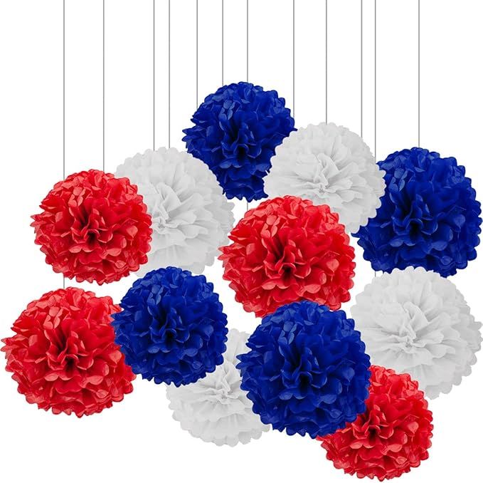 XIKSXITN 12pc Red White and Blue Tissue Paper Pompoms-Hanging Paper Pom Poms Paper Flowers Ball f... | Amazon (US)
