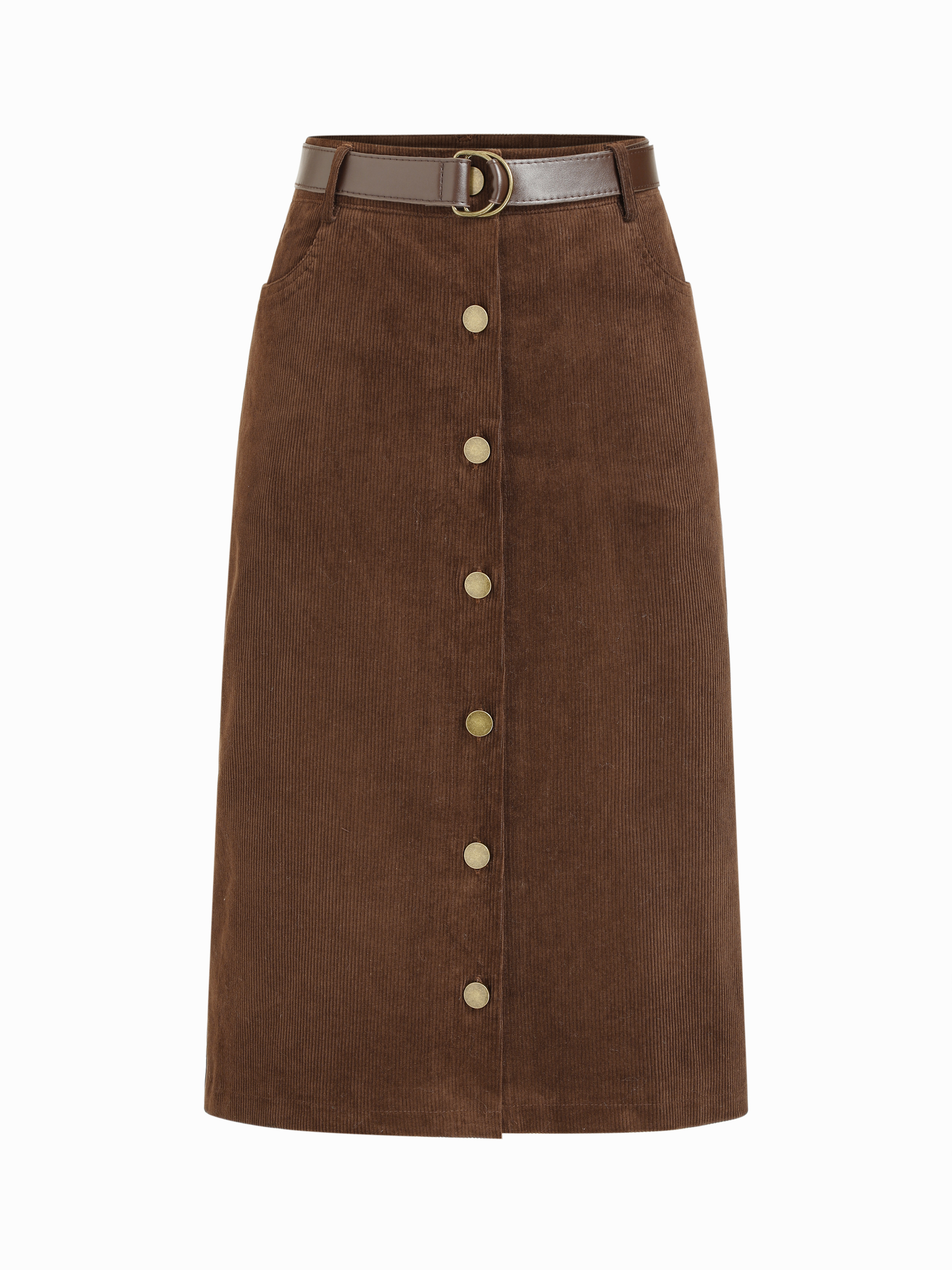 Corduroy Corduroy Cotton-blend Mid Rise Pencil Midi Skirt With Belt For Work | Cider