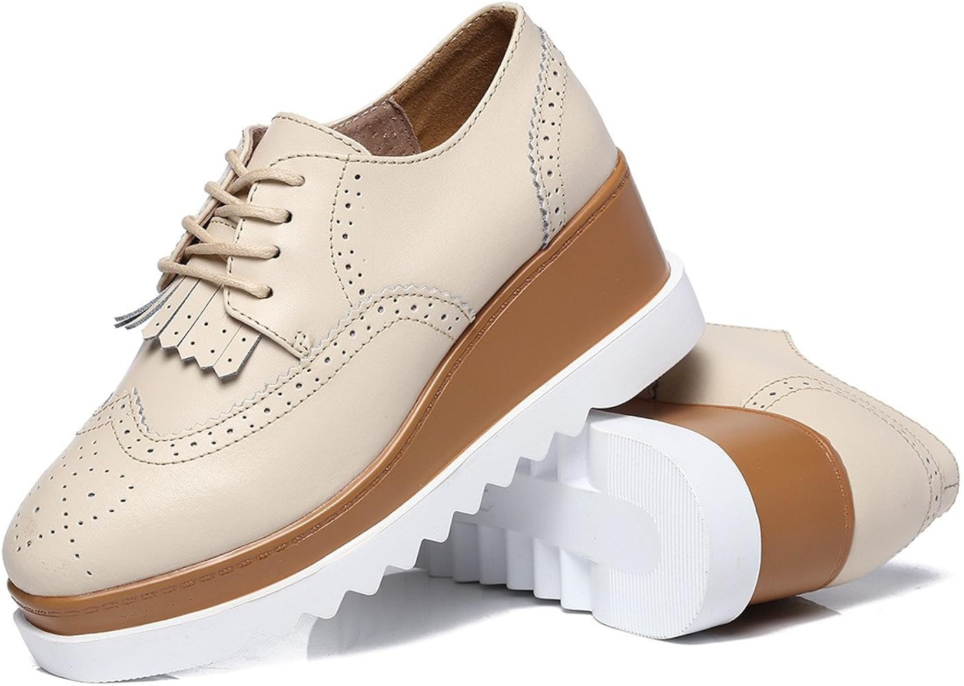 DADAWEN Women's Fashion Tassels Square-Toe Lace-up Platform Wedge Oxford Shoes | Amazon (US)