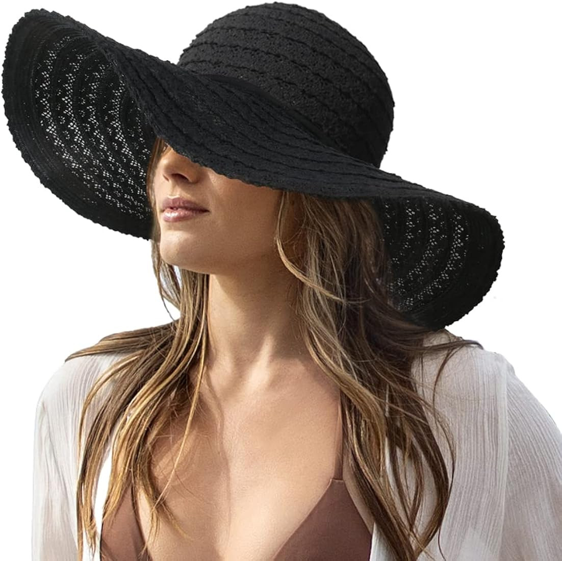 Womens Sun Hat, Floppy Beach Summer Hats with Wide Brim, Packable Lace Hats for Women | Amazon (US)
