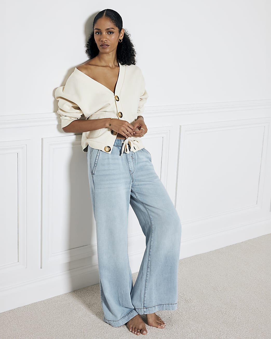 Blue mid rise drawstring loose wide leg jeans | River Island (UK & IE)