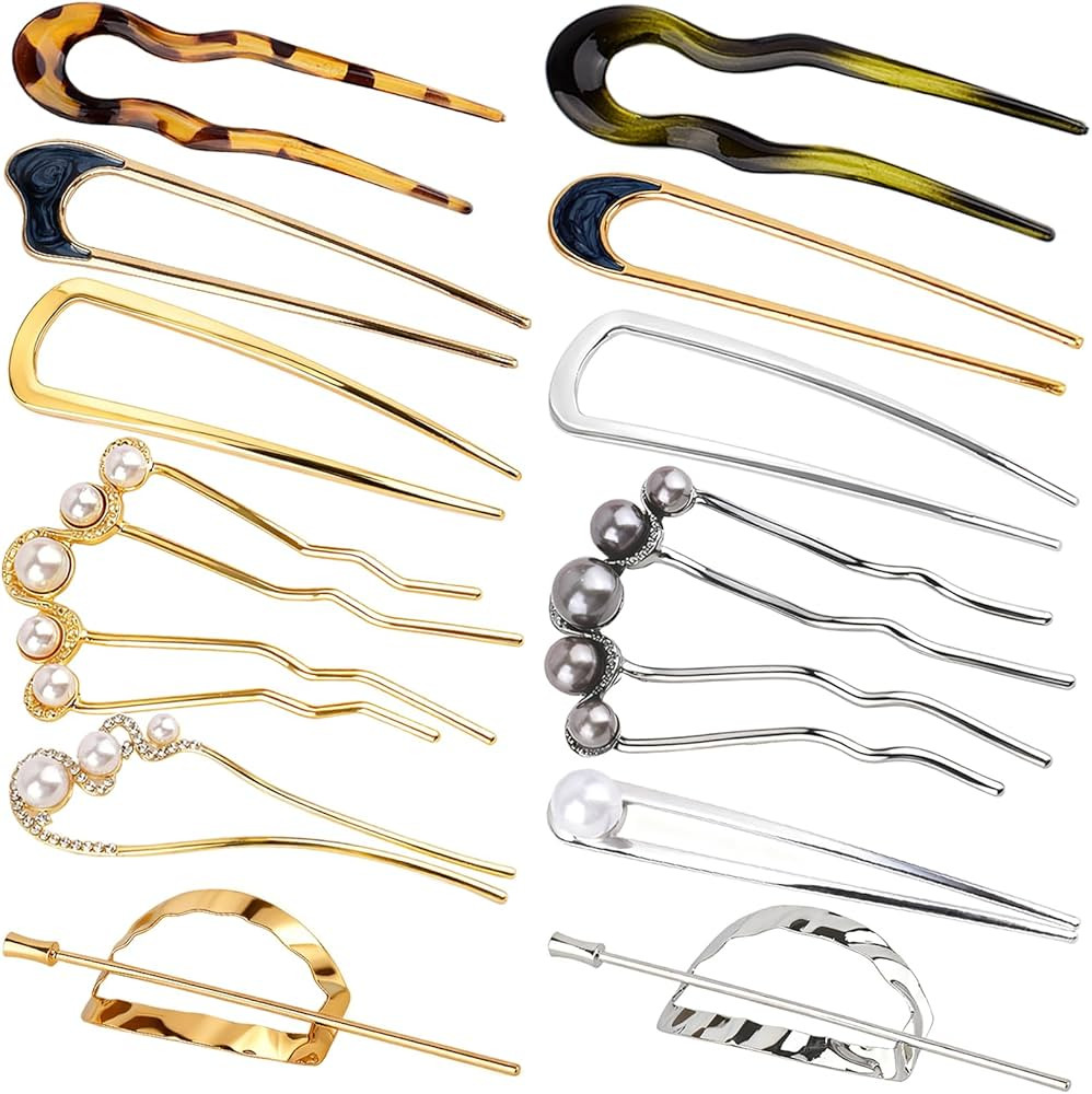 12 PCS French Hair Pins for Women, French Twist Hair Pins U-Shaped Pearl French Pins for Bun and ... | Amazon (US)
