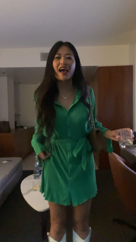 Green mini dress with white western boots 

#LTKFind #LTKstyletip #LTKSeasonal