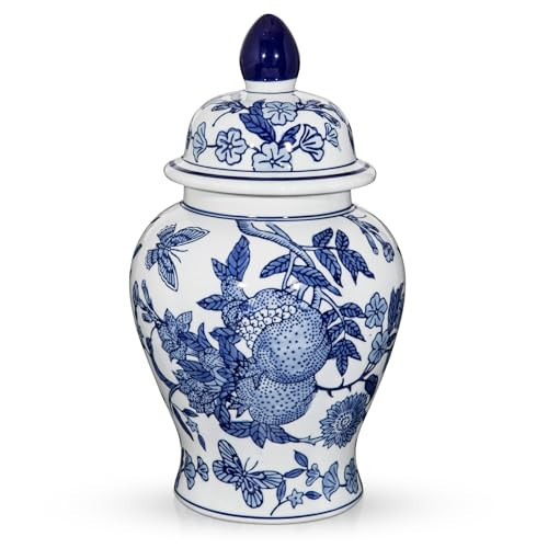 Blue and White Vase Ginger Jar - 12" Chinoiserie Decor Large Ginger Jar Blue & White Porcelain Flower Ceramic Covered Jars with Lid Chinoiserie Decorative Vase for Home Room Office Centerpieces | Amazon (US)