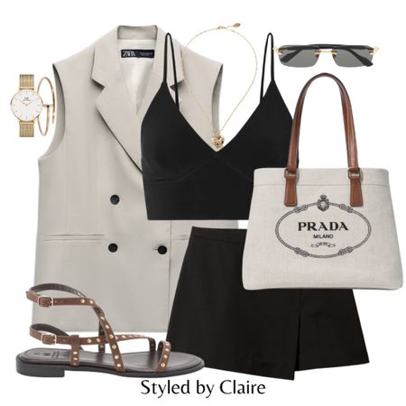 A smart casual day🖤
Tags: oversized waistcoat sleeveless, black crop top and wrap mini skirt, gladiator embellished sandals, Prada tote bag, gold accessories. Fashion summer inspo outfit ideas for workwear office date night drinks everyday looks

#LTKstyletip #LTKSeasonal #LTKitbag