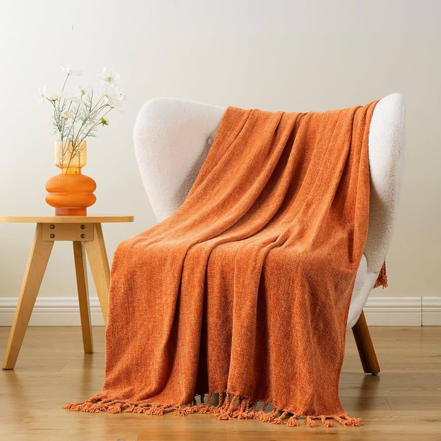 BATTILO HOME Burnt Orange Throw Blanket for Couch, Decorative Fringe Velvety Orange Throw Blanket... | Amazon (US)