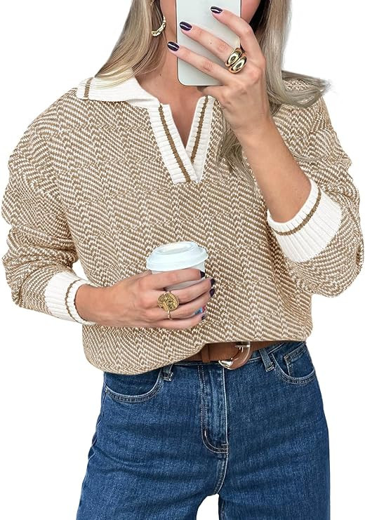 Saodimallsu Womens Fall Sweaters Tops Lapel V Neck Knit Color Block Shirt | Winter,Long Sleeve,Ca... | Amazon (US)