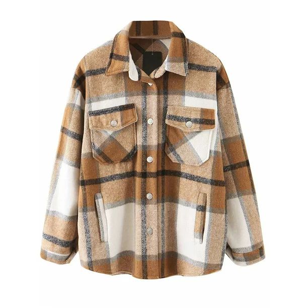 Aunavey Womens Plaid Lapel Button Dwon Shacket Warm Jacket Shirts Coats with Pockets | Walmart (US)