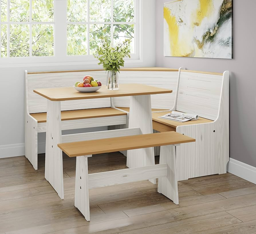 Urban Home Furniture Chapman 2 Tone Natural/White Solid Wood Corner Dining Set, Reversible Breakf... | Amazon (US)