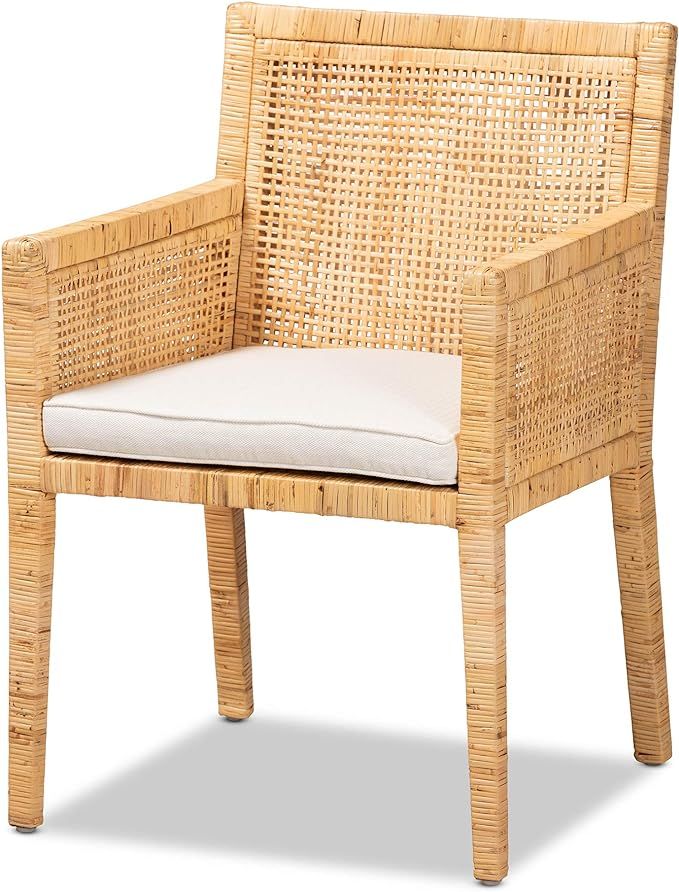 Baxton Studio Karis Natural Finish Chair, Rattan Detailing, Removable Cushion, 23.4D x 22.6W x 34... | Amazon (US)