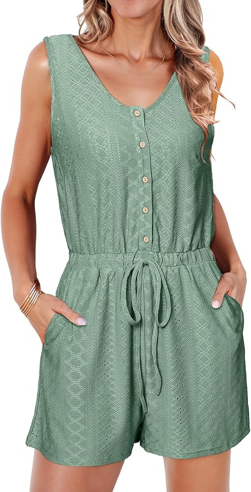 Glamaker Womens Sleeveless Summer Romper - Casual Button Drawstring Beach Romper Eyelet Short Jum... | Amazon (US)