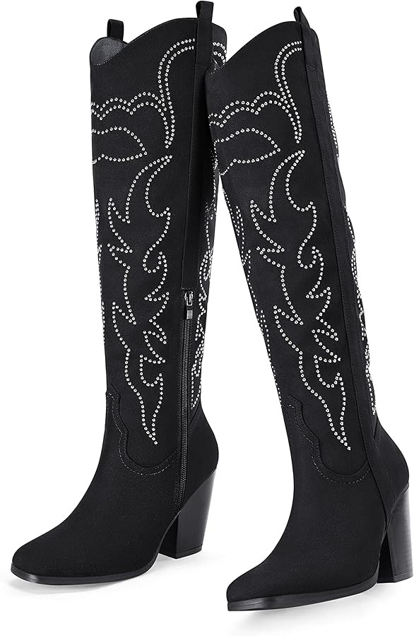 Womens Cowboy Boots Knee High Western Boots Embroidered Pointed Toe Chunky Heel Pull On Cowgirl B... | Amazon (US)