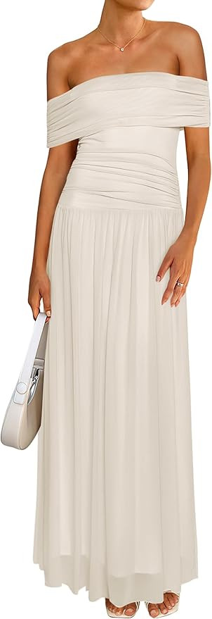 MASCOMODA Women Off The Shoulder Mesh Maxi Dress Bodycon Ruched Formal Sleeveless Pleated Cocktai... | Amazon (US)