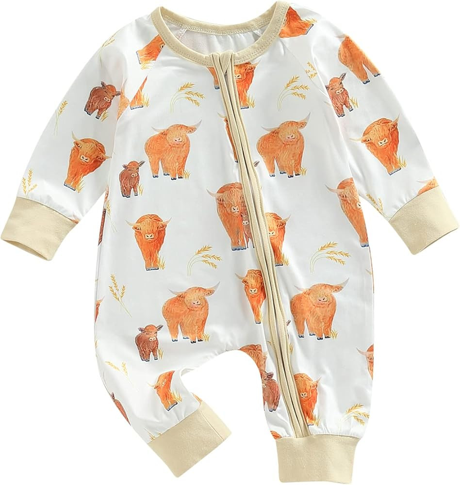 Omkzanbi Western Baby Girl Boy Clothes Cow Print Romper Zip Jumpsuit Long Sleeve Bodysuit Cute Fa... | Amazon (US)