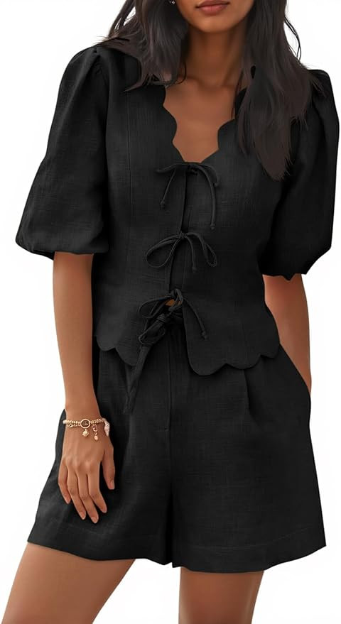 Cicy Bell Womens Summer 2 Piece Short Sets Puff Short Sleeve V Neck Bow Tie Front Tops Wide Leg S... | Amazon (US)