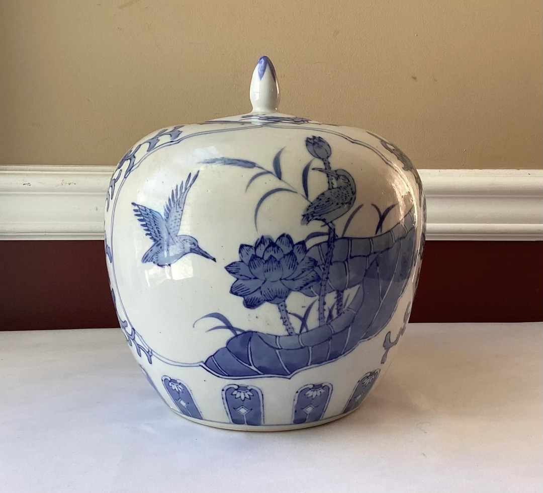 Large VTG Chinese Porcelain Blue & White Melon Jar, Marked, 9.5 X 8 - Etsy | Etsy (US)