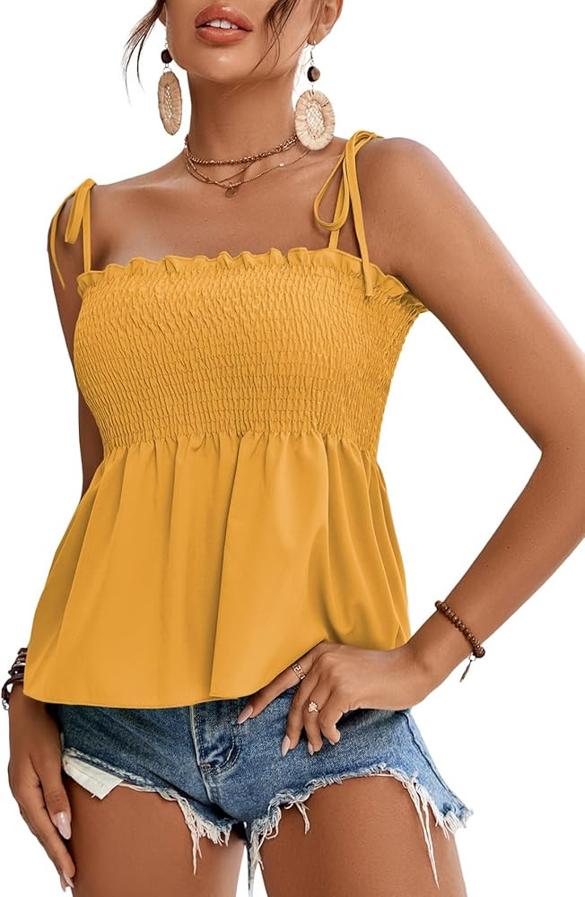 LYANER Women's Cute Summer Tops Tie Shoulder Shirred Ruffle Hem Sleeveless Sexy Cami Blouse Peplu... | Amazon (US)