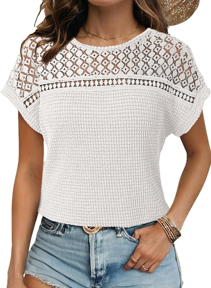 Dokotoo Women's Tops Casual Scoop Neck Short Sleeve Waffle Knit Hollow Out Shirts Loose Tunic Top... | Amazon (US)