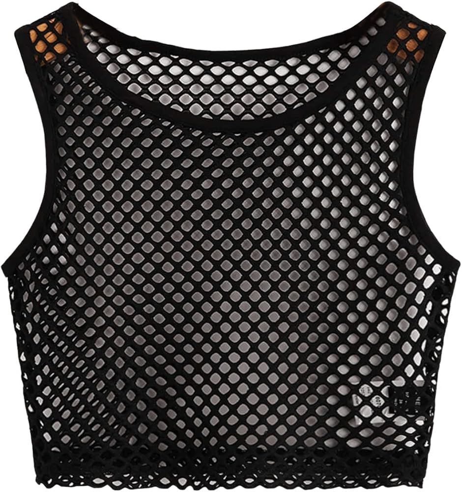 SweatyRocks Women's Sleeveless Sheer Mesh Fishnet Round Neck Vest Crop Tank Tops | Amazon (US)
