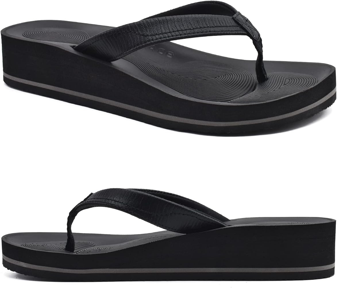 COFACE Leather Flip Flops for Women With Comfortable Arch Support Ladies Fashion Platform Thong Sand | Amazon (US)