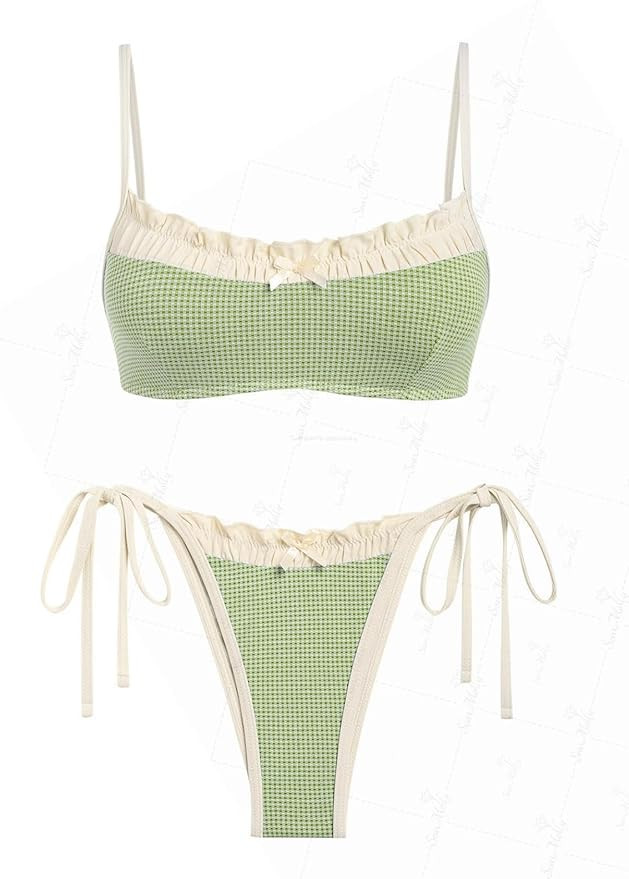 Vintage Gingham Ruched Ruffles Trim Bowknot Decor Tie Side Bikini Set | Amazon (US)