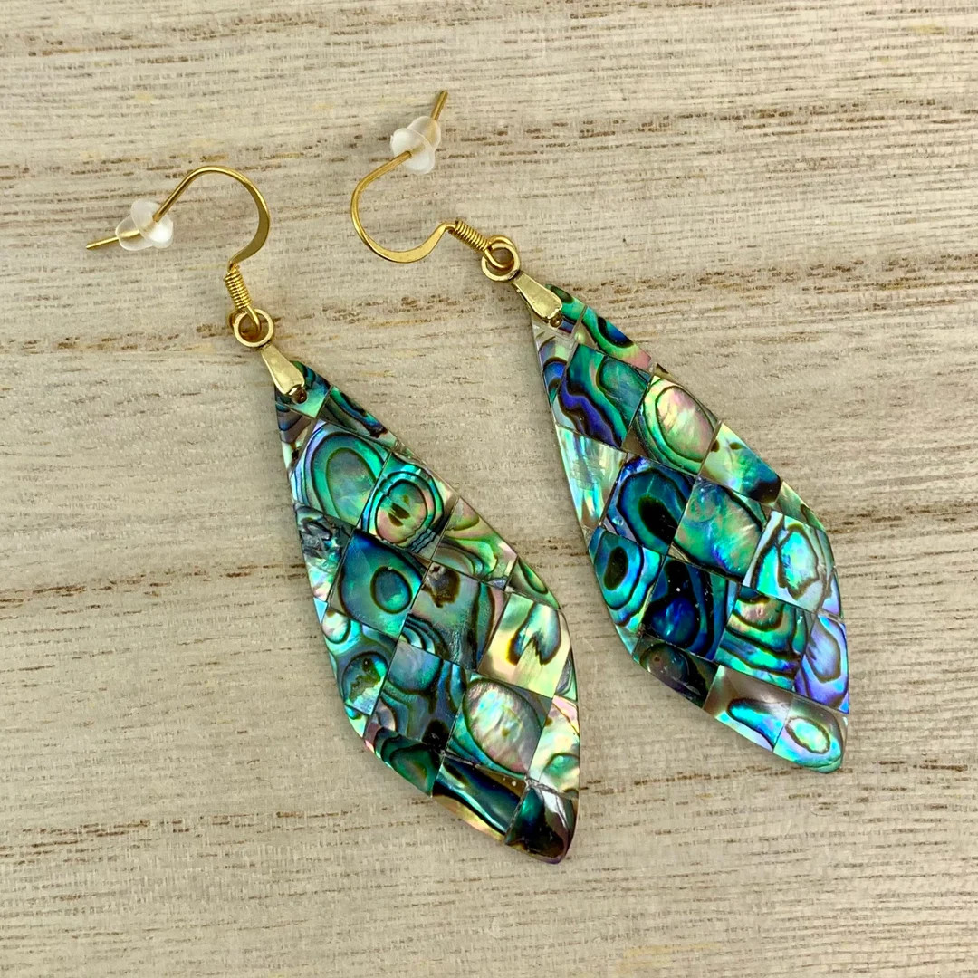Abalone Shell Earrings, Kite Shape Rhombus Earrings Abalone and Mother of Pearl Backed Dangles on... | Etsy (US)