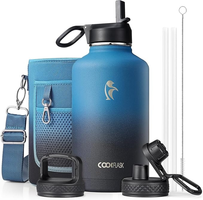 Half Gallon Water Bottle Insulated with Straw & 3 Lids, Coolflask 64 oz Water Jug Large Metal Sta... | Amazon (US)