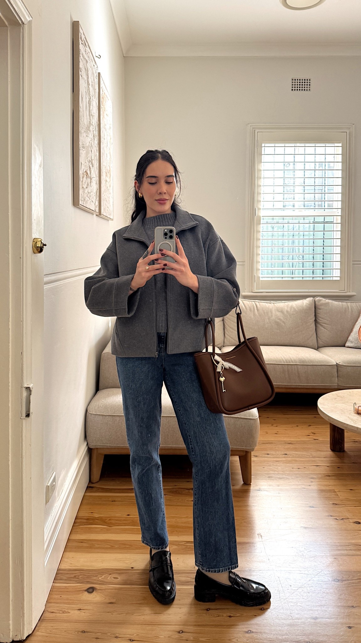 grey with a pop of brown or tan is my new favourite. this knitted v-neck vest is old but I’ve linked similar (I’m wearing it back to front for a high crew neckline!)