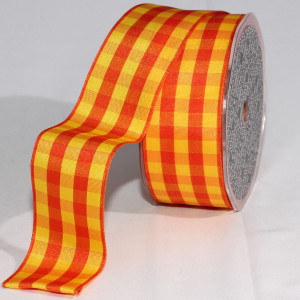 Yellow and Orange Gingham Wired Woven Edge Craft Ribbon 1.5" x 27 Yards | Christmas Central