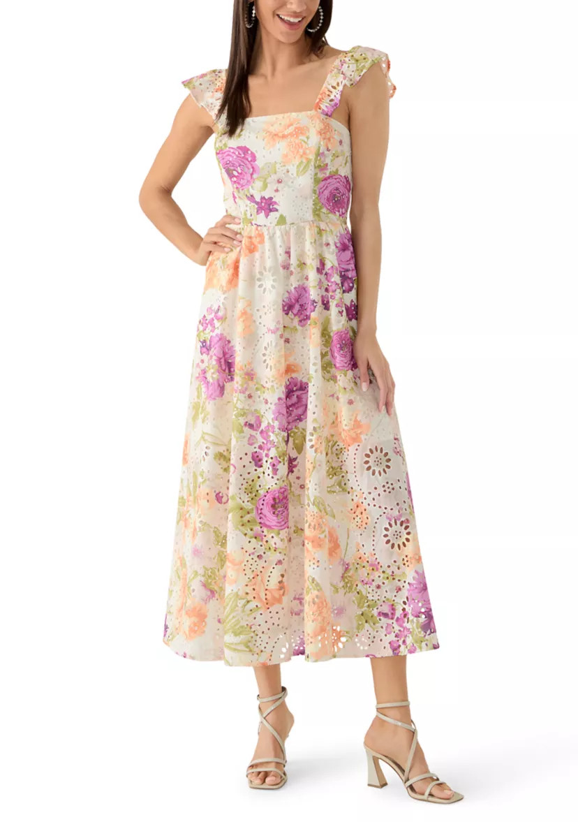 Women's Eyelet Bodice Ruffle Sleeveless Floral Midi Dress | Belk