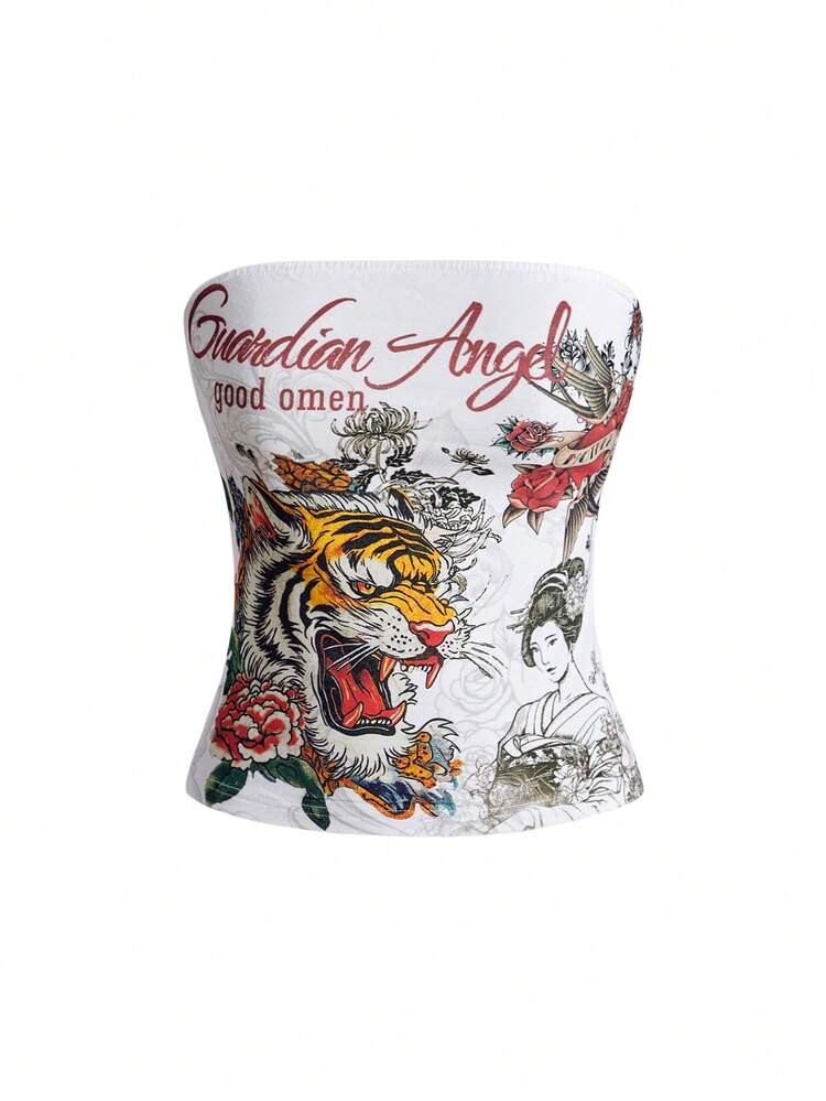 ROMWE Grunge Punk Spring/Summer Casual Graphic White Y2K Retro Tiger Vine Faux Tattoo Print Tight Crop Top | SHEIN
