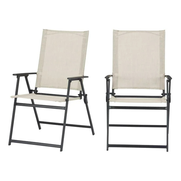 Mainstays Greyson Square Set of 2 Outdoor Patio Steel Sling Folding Chair, Beige - Walmart.com | Walmart (US)
