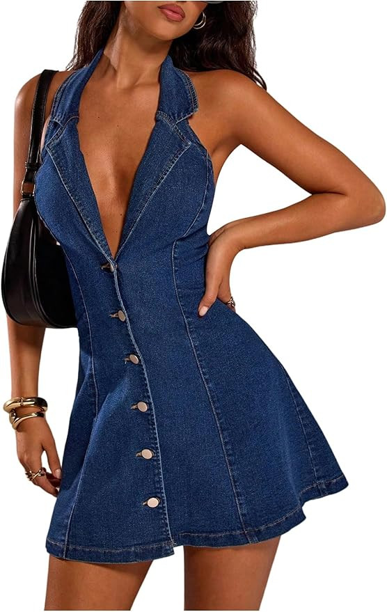 Floerns Women's Y2k Denim Halter Mini Dress Sleeveless Deep V Neck Button Down A Line Going Out J... | Amazon (US)