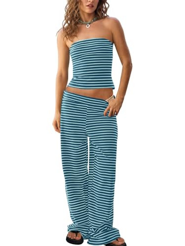 Tankaneo Womens Striped 2 Piece Set Summer Tube Tops Pants Matching Sets | Amazon (US)