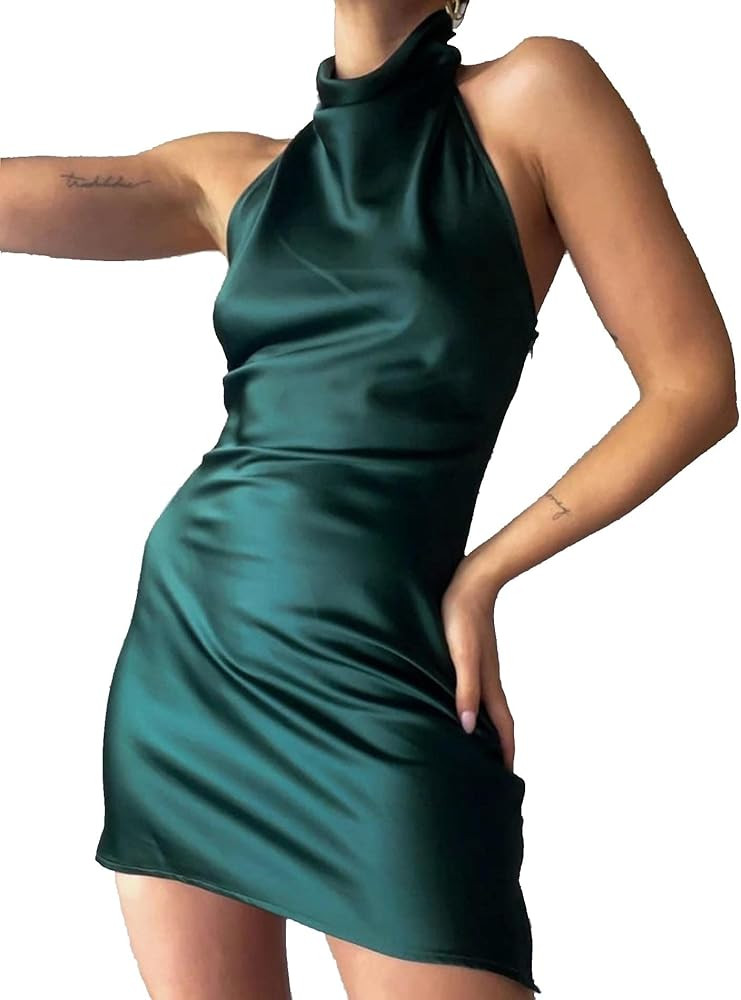 xxxiticat Women's Halter Neck Mini Satin Dress Elegant Wedding Party Club Sleeveless Backless Spl... | Amazon (US)