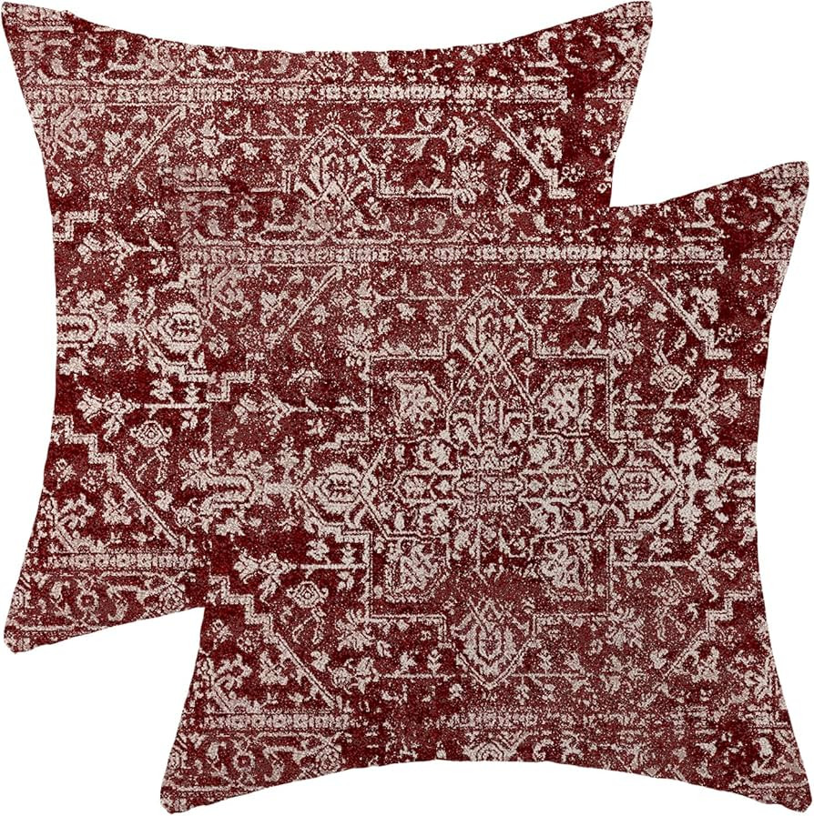 Boho Pillow Covers 18x18 Set of 2, Burgandy Red Carpet Pattern Decorative Throw Pillows Linen Eth... | Amazon (US)
