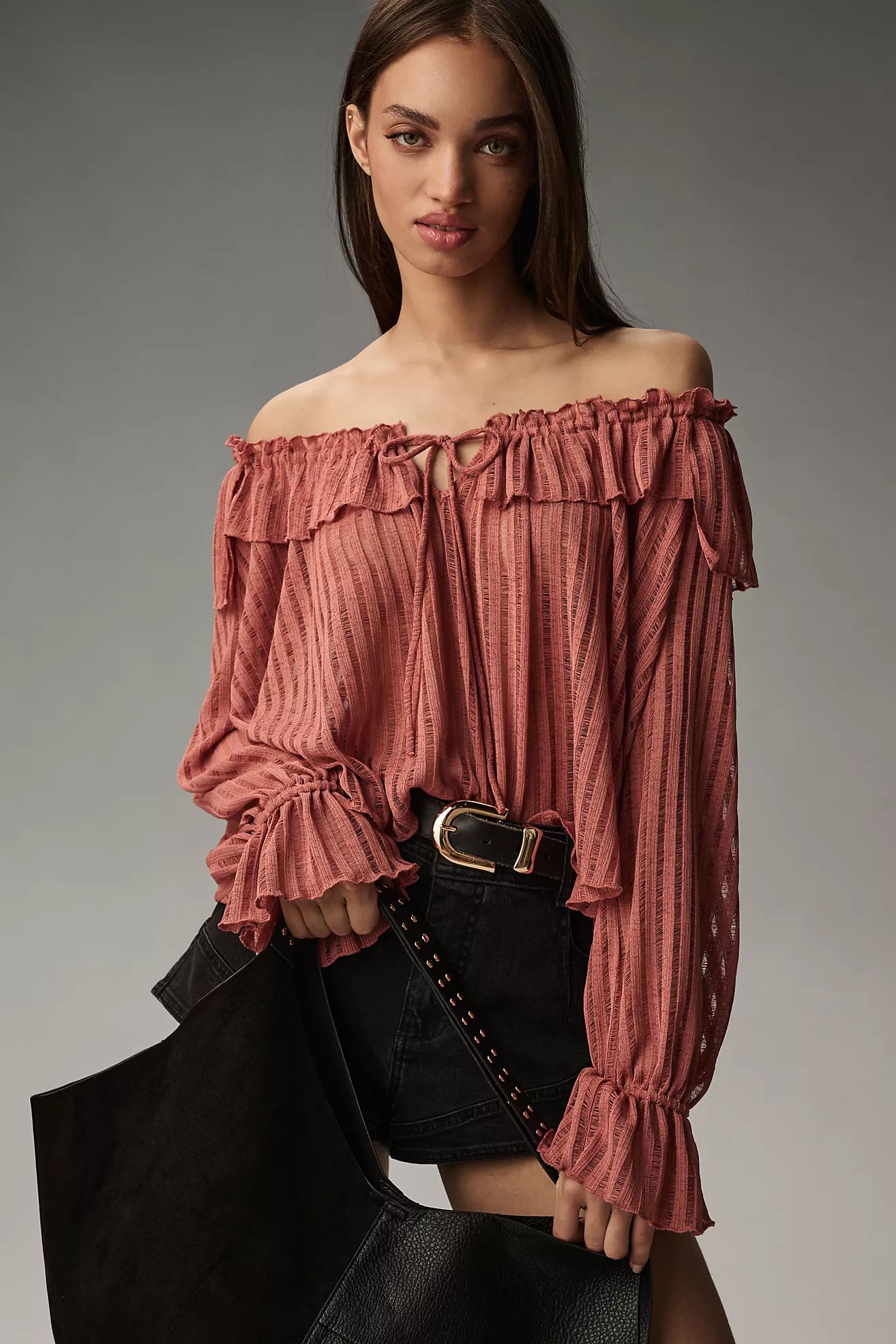 By Anthropologie Long-Sleeve Sheer Striped Crop Blouse | Anthropologie (US)