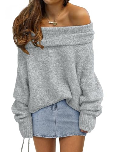 LILLUSORY Womens Off The Shoulder Sweater Oversized Winter Fall Outfits Fashion Cozy Cute Casual Going Out Batwing Sleeve Vacation Pullover Sweaters 2025 Spring Trendy Clothes Tops Heather Grey M | Amazon (US)