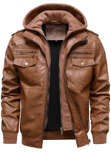 HOOD CREW Men’s Faux Leather Motorcycle Jackets with Hood Brown M | Amazon (US)