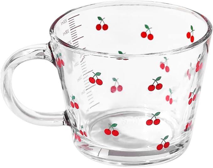 12 OZ Kawaii Mug Cherry Glass Cup with Measurements,Tea Cup Glass Coffee Cup Mug with Handle for ... | Amazon (US)