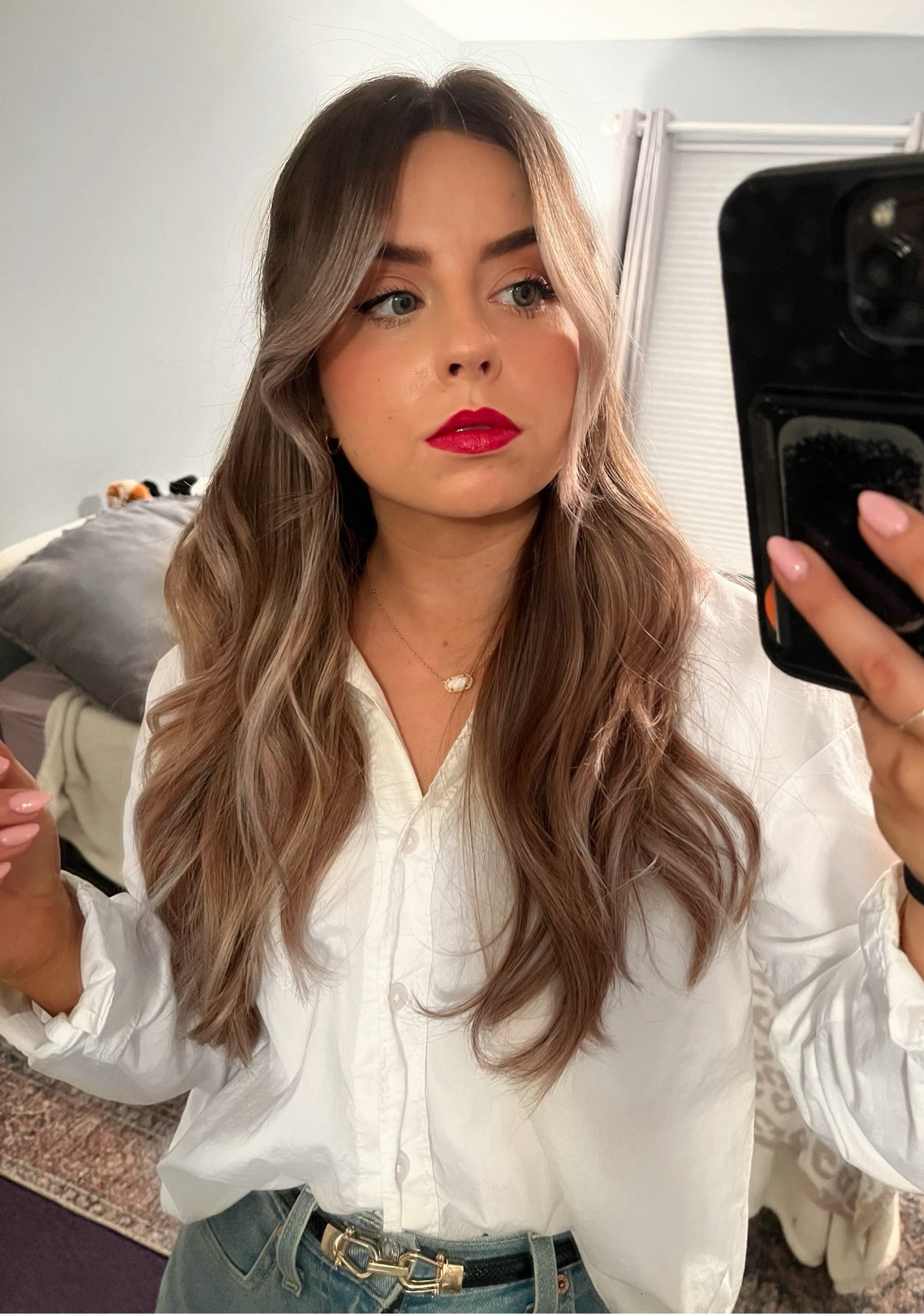 Top: small
Jeans: 26 Short 
Heels: TTS (6) 