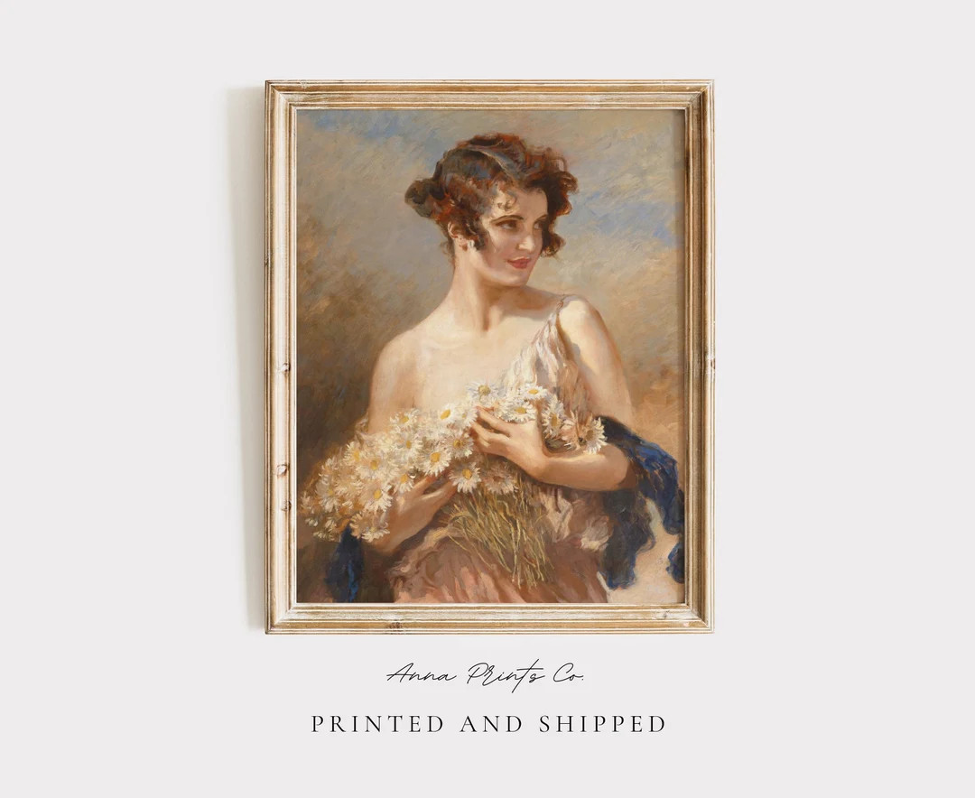 MAILED Giclée Print Woman With a Handful of Daisies Vintage Painting Reproduction Cottagecore De... | Etsy (US)