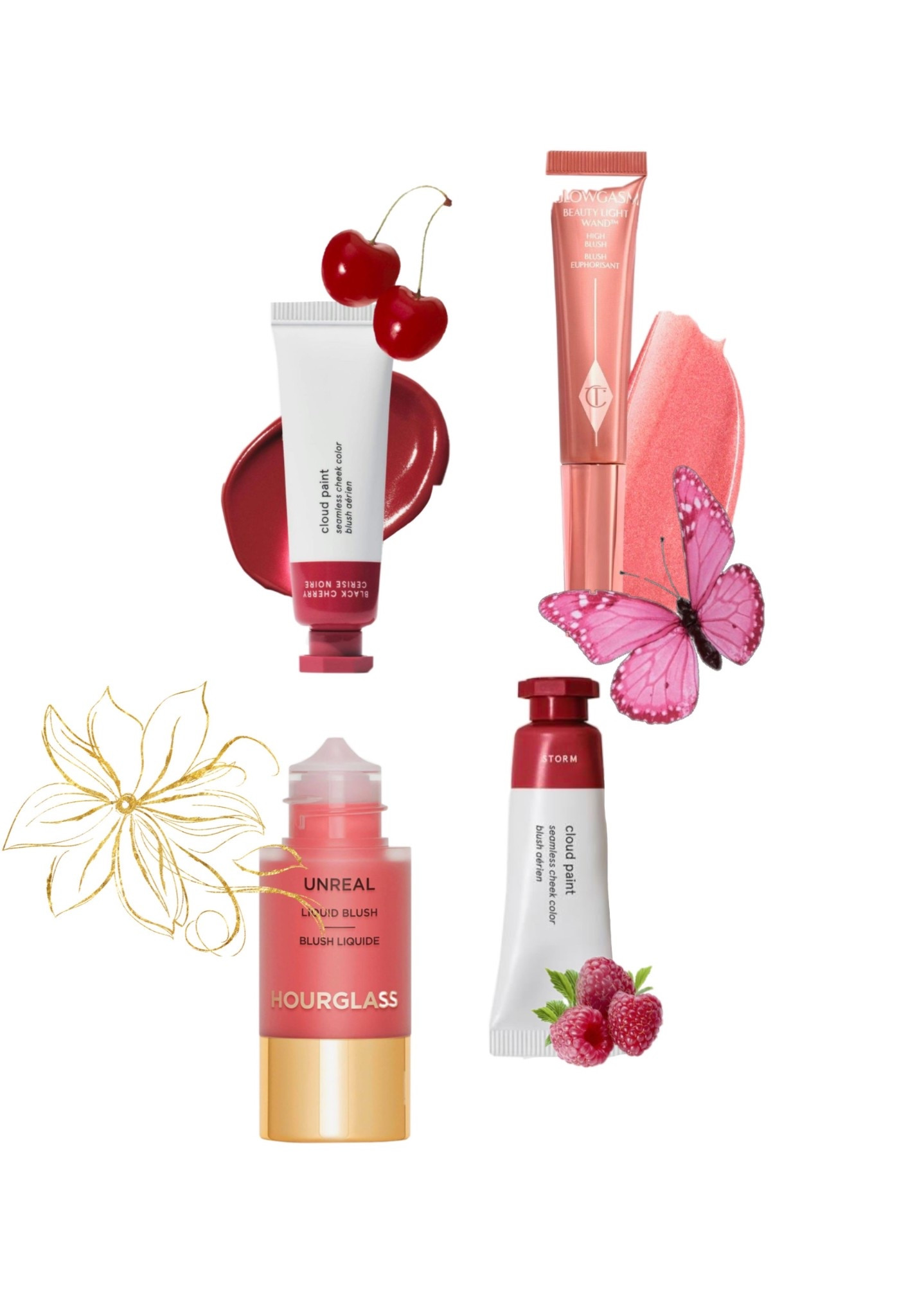 liquid blushes 🌸 love the hour glass and charlotte tilbury for a pink full makeup look and the glossier cloud paint for a berry and natural sunburnt look 